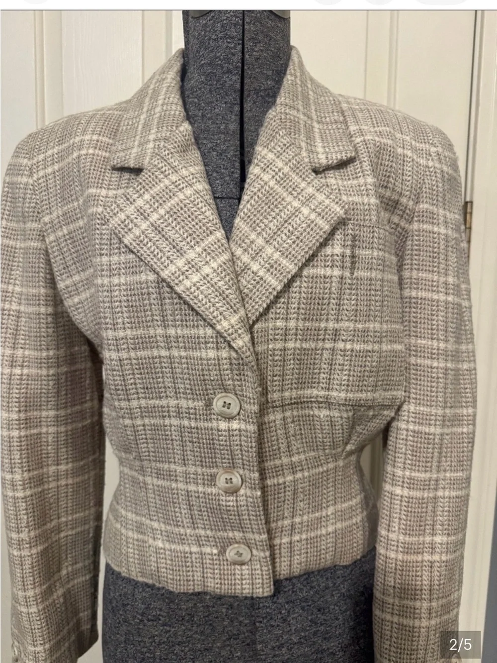 Dior Cropped Plaid Blazer in Taupe and Ivory and skirt
